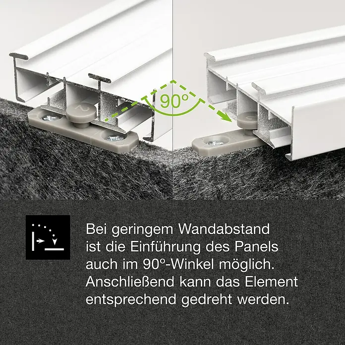 Lautloz Akustikpaneel Panelz - Anthrazit, 240 x 55 x 0,9 cm, 100 % Polyester - Weißes Paneelprofil wird mithilfe einer grauen Klammer im 90-Grad-Winkel auf Filzuntergrund montiert.