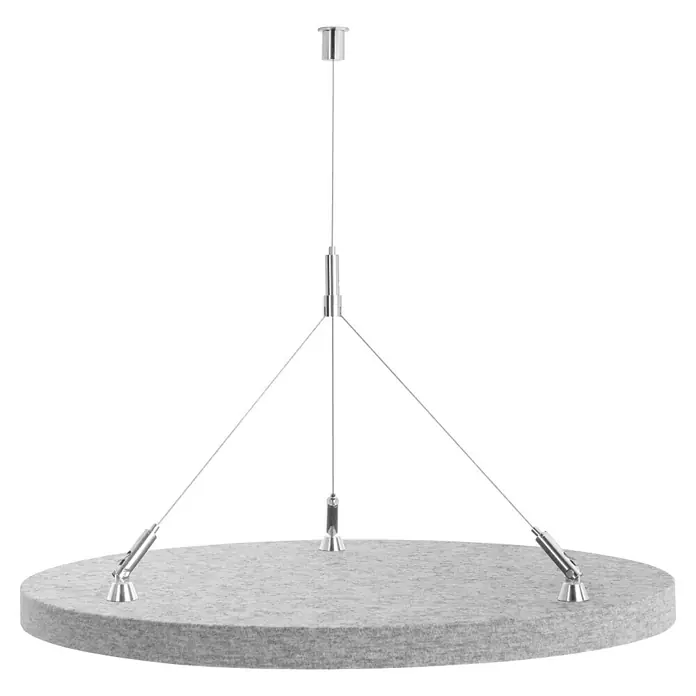 Lautloz Akustikpaneel Roundz - Hellgrau, Ø x S: 45 x 2,4 cm, 1 Stk. - Graues, rundes Filz-Schallabsorberpanel, an dünnen Metallseilen mit drei Befestigungspunkten aufgehängt.