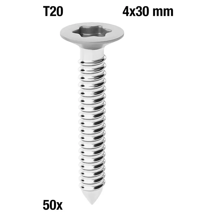 Schrauben-Set - Hellgrau, 50 Stk. - Metallische 4x30 mm Senkkopfschraube mit T20 Torx-Antrieb, 50 Stück.
