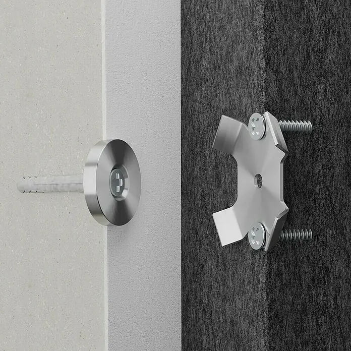 Magnethalter für Akustikpaneele - 3 Stk., Metall - Zwei silberne Metallbefestigungskomponenten: ein runder Anker in einer hellen Wand und eine sternförmige Halterung mit Schrauben in dunkler Isolierung.