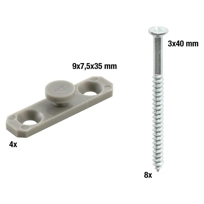 Gleiter - Weiß, Für Schienen mit 6 mm Laufkanal, 4 Stk. - Vier graue Kunststoff-Möbelverbinder (9x7,5x35 mm) und acht silberne Schrauben (3x40 mm) zur Montage.