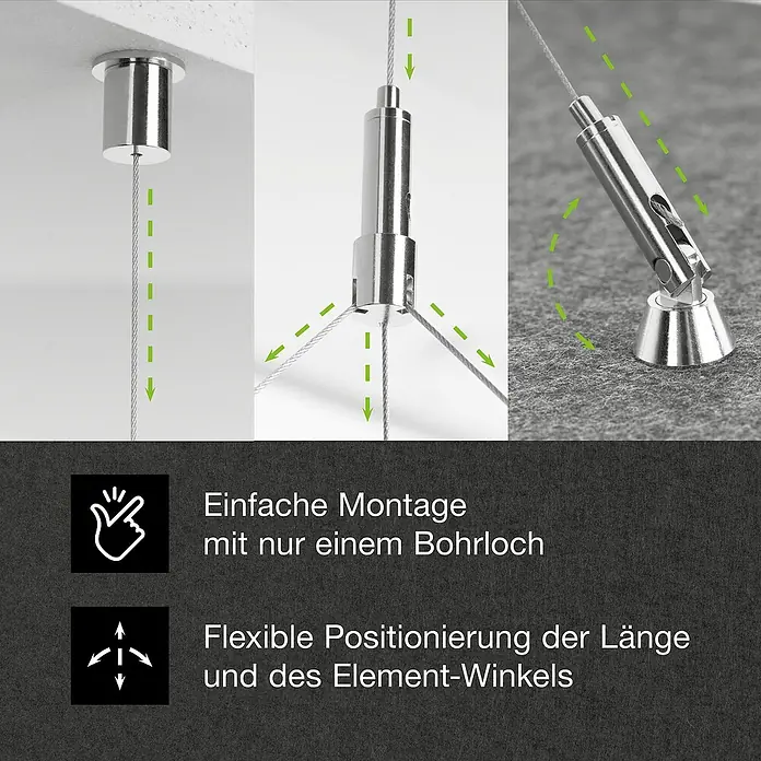 Deckenabhänger für Akustikelement - 1 Stk., Silber - Metall-Seilaufhängungssystem für einfache Montage und flexible Längen- und Winkelanpassung.