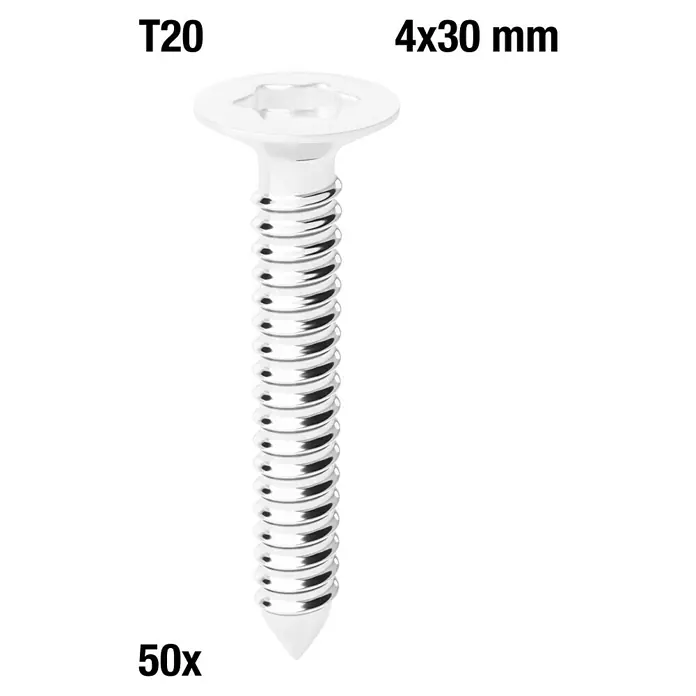 Schrauben-Set - Weiß, 50 Stk. - Silberne Vollgewinde-Senkkopfschraube mit T20 Torx-Antrieb, 4x30 mm.