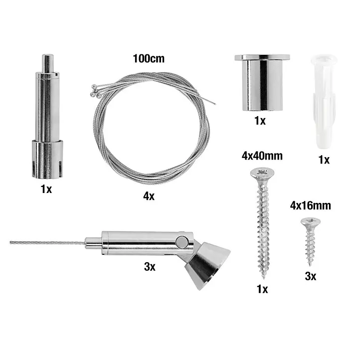 Deckenabhänger für Akustikelement - 1 Stk., Silber - Set mit silbernen Metall-Seilaufhängungskomponenten: Greifer, 100cm Seile, Schrauben und ein Dübel.
