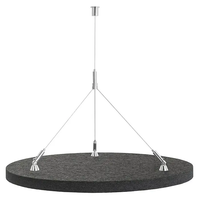Lautloz Akustikpaneel Roundz - Anthrazit, Ø x S: 60 x 2,4 cm, 1 Stk. - Rundes, dunkelgraues Filz-Akustikpaneel, mit Metallkabeln und -befestigungen abgehängt.