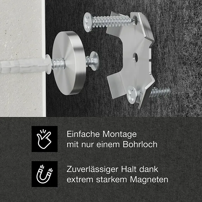 Magnethalter für Akustikpaneele - 3 Stk., Metall - Silberne Magnet-Wandhalterung: runder Magnet mit Schraube/Dübel, Metallhalterung mit Schrauben. Für einfache, starke magnetische Befestigung.