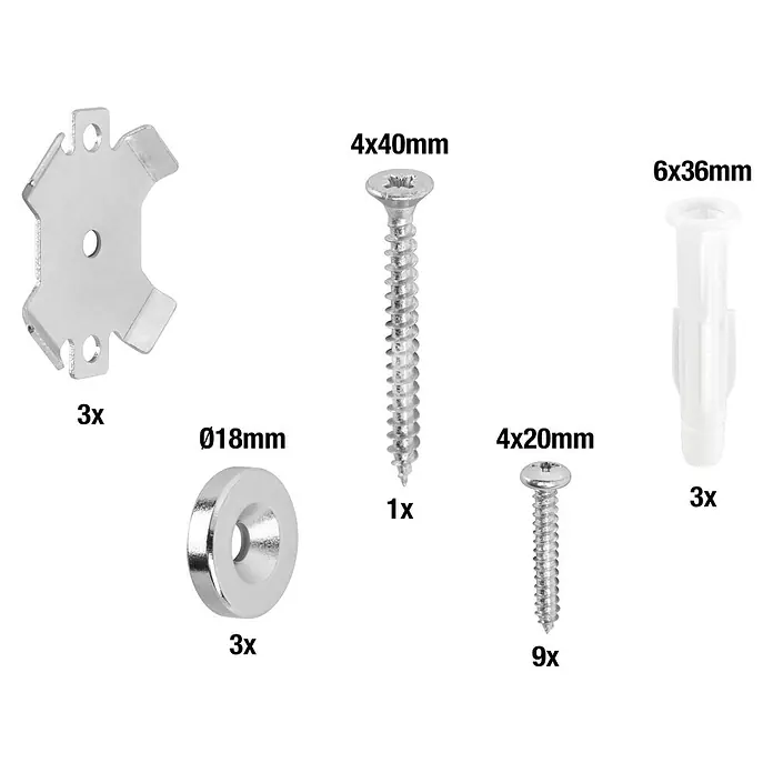 Magnethalter für Akustikpaneele - 3 Stk., Metall - Sortiment aus Metallhalterungen, silbernen Schrauben (Stern- und Kreuzschlitz), Metallunterlegscheiben und weißen Dübeln zum Befestigen.