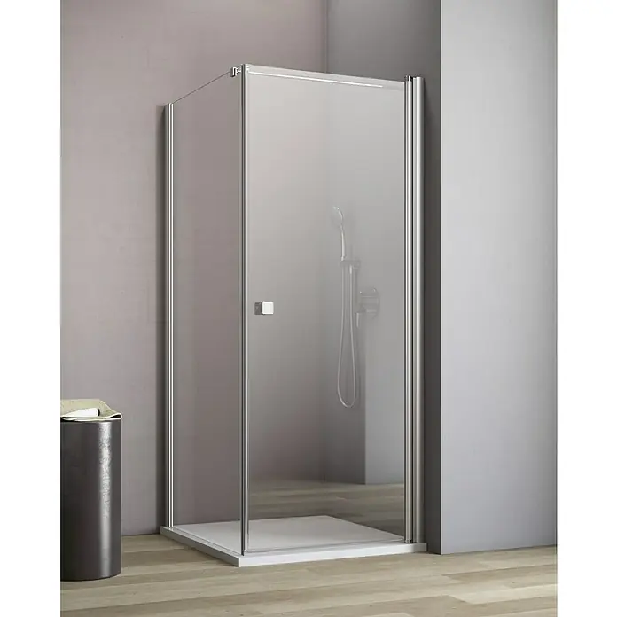 GEO Hit Eckdusche B-F100 - 90 x 90 x 202,2 cm, Unbeschichtet, Silber, Glasstärke: 6 mm, DIN Anschlag: Rechts - Elegante Duschkabine mit klaren Linien und silbernen Rahmen. Das moderne Design passt perfekt in jedes Badezimmer und bietet eine stilvolle Duscherfahrung.