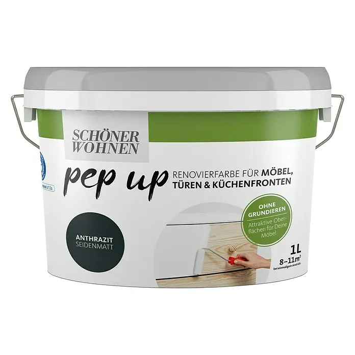 SCHÖNER WOHNEN-Farbe Pep up Weißlack für Möbel, Türen & Küchenfronten - Anthrazit, Seidenmatt, 1 l, Wasserbasiert - Produktfoto von Schöner Wohnen Pep Up Anthrazit Seidenmatt Renovierfarbe für Möbel, Türen & Küchenfronten, 1L, für attraktive Oberflächen.