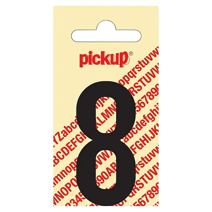 Pickup Aufkleber - Motiv: 8, Schwarz, Höhe: 60 mm - Nahaufnahme einer Verpackung mit einer großen schwarzen Nummer 8 auf beigem Grund mit roten Buchstaben.