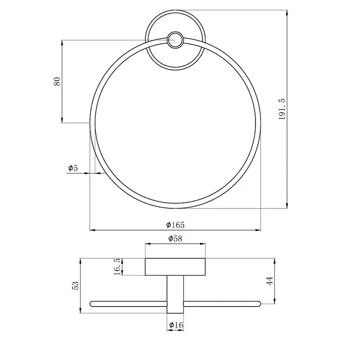 Toallero de anilla Fusión - Ancho: 16,5 cm, Cromo, Brillante - Dibujo técnico de un toallero redondo de metal con base de montaje, mostrando las dimensiones.