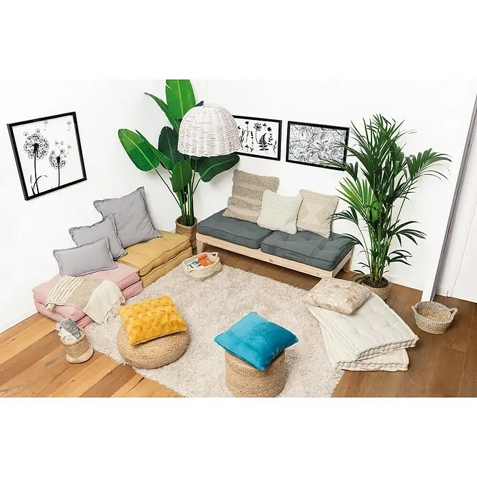 Cojín para asiento - 80 x 60 x 10 cm, Crudo, 100% algodón - Acogedor espacio habitable con asientos modulares, cojines de felpa y plantas que crean un ambiente relajante.