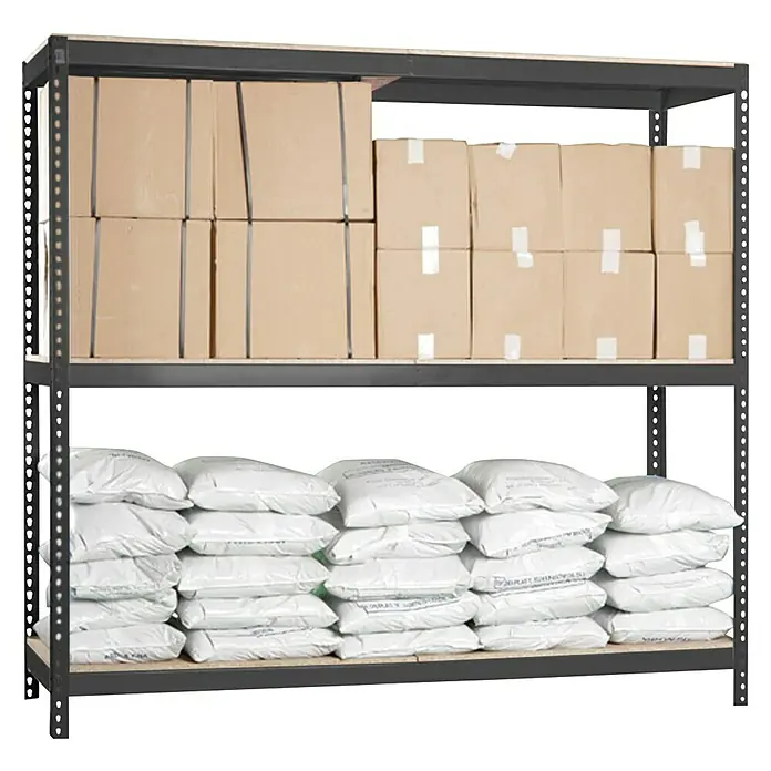 Simonrack Ecoforte Estantería para cargas pesadas Chipboard - Al x An x Pr: 150 x 120 x 75 cm, Capacidad de carga por balda: 400 kg, Número de baldas: 3 ud., Inserción, Antracita/Madera - Estantería metálica negra de dos niveles: cajas de cartón arriba, sacos blancos abajo.