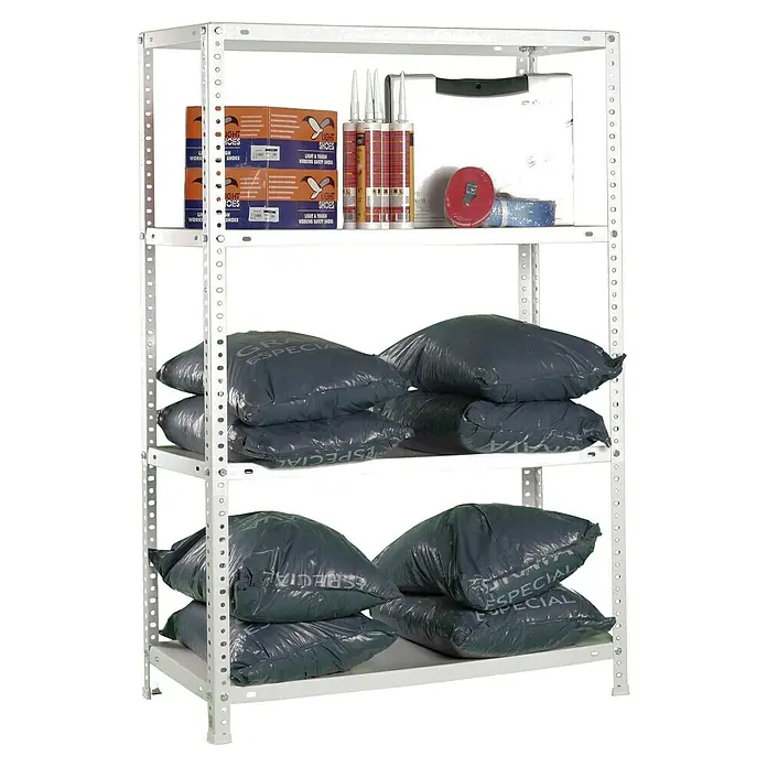 Simonrack Simonclassic Estantería metálica Advantage Plus - Al x An x Pr: 150 x 100 x 30 cm, Capacidad de carga por balda: 75 kg, Número de baldas: 4 ud., Atornillado, Blanco - Estantería metálica blanca de cuatro baldas. Contiene calzado de seguridad, tubos de sellador, un portadocumentos, rollos de cinta y bolsas grises "ESPECIAL".