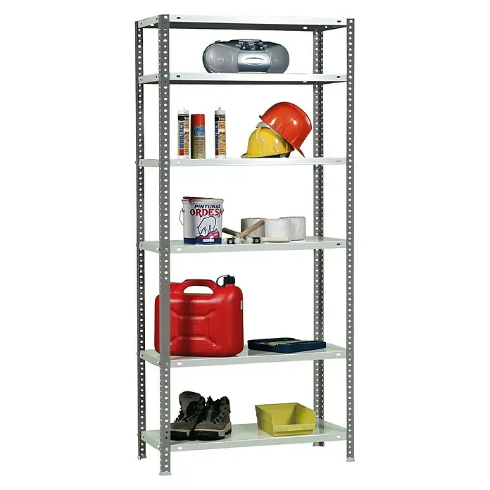 Simonrack Simonclassic Estantería metálica Comfort Mini - Al x An x Pr: 200 x 80 x 40 cm, Capacidad de carga por balda: 100 kg, Número de baldas: 6 ud., Atornillado, Antracita/Blanco - Estantería metálica gris alta con cinco estantes que contienen una radio, cascos, pintura, un bidón y botas.