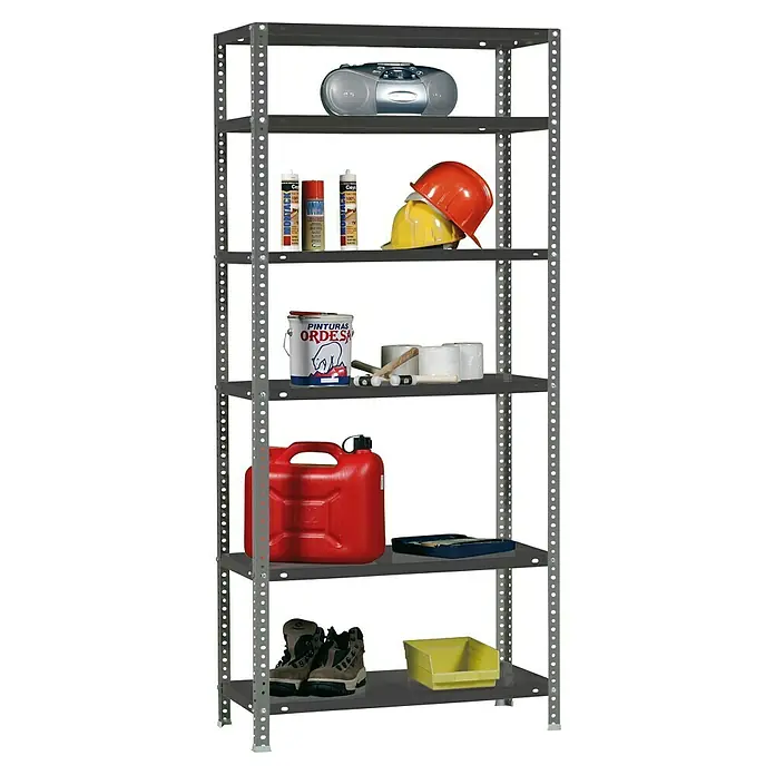 Simonrack Simonclassic Estantería metálica Comfort Mini - Al x An x Pr: 200 x 80 x 30 cm, Capacidad de carga por balda: 100 kg, Número de baldas: 6 ud., Atornillado, Antracita - Estantería metálica gris de varios niveles con suministros de taller: pintura, herramientas, cascos y botas de trabajo.