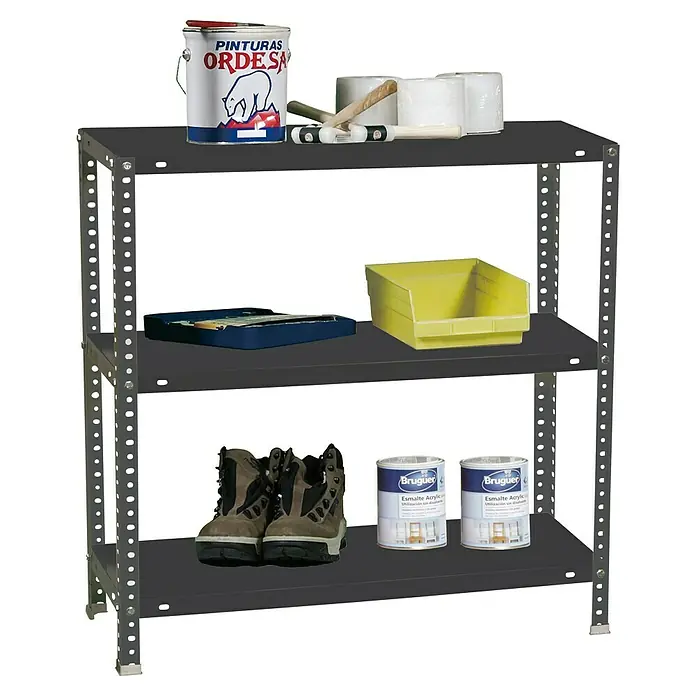 Simonrack Simonclassic Estantería metálica Comfort Mini - Al x An x Pr: 100 x 80 x 30 cm, Capacidad de carga por balda: 100 kg, Número de baldas: 3 ud., Atornillado, Antracita - Estantería metálica gris oscuro con tres baldas que contienen botes de pintura, botas de trabajo y contenedores.