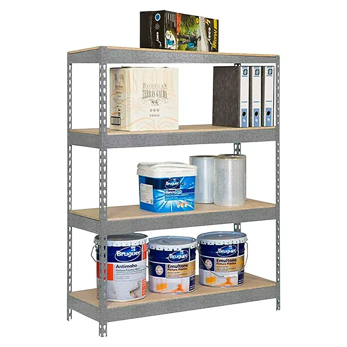 Simonrack Bricoforte Estantería para cargas pesadas Chipboard - Al x An x Pr: 200 x 120 x 45 cm, Capacidad de carga por balda: 300 kg, Número de baldas: 4 ud., Inserción, Galvanizado - Estantería metálica gris de cuatro baldas, con cajas, archivadores y botes de pintura.
