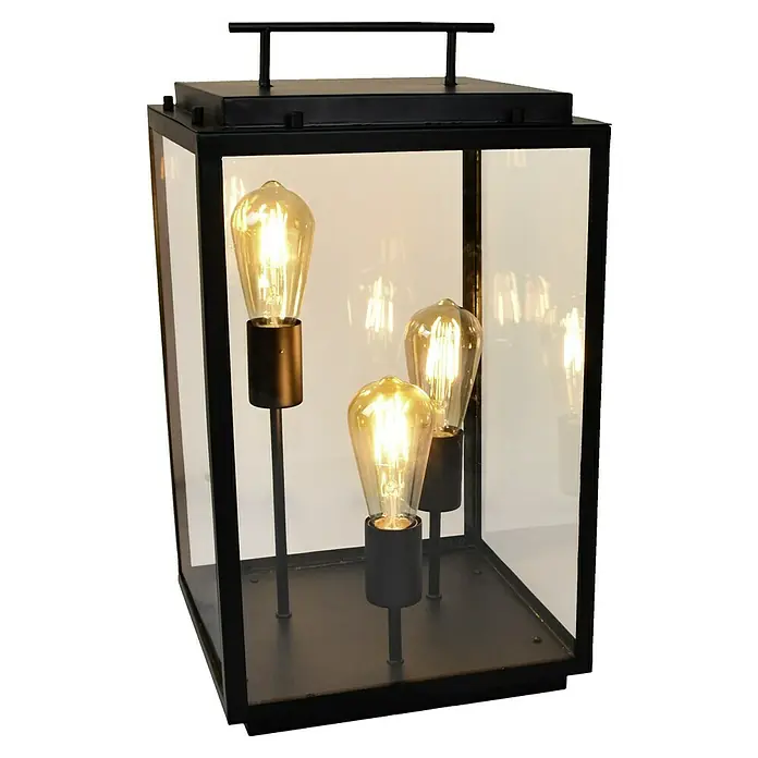 Starlux Lámpara decorativa Latiano - L x An x Al: 28 x 28 x 50 cm, E27 - Elegante farol con tres bombillas. El farol negro tiene paneles de vidrio transparente y proporciona una luz cálida.