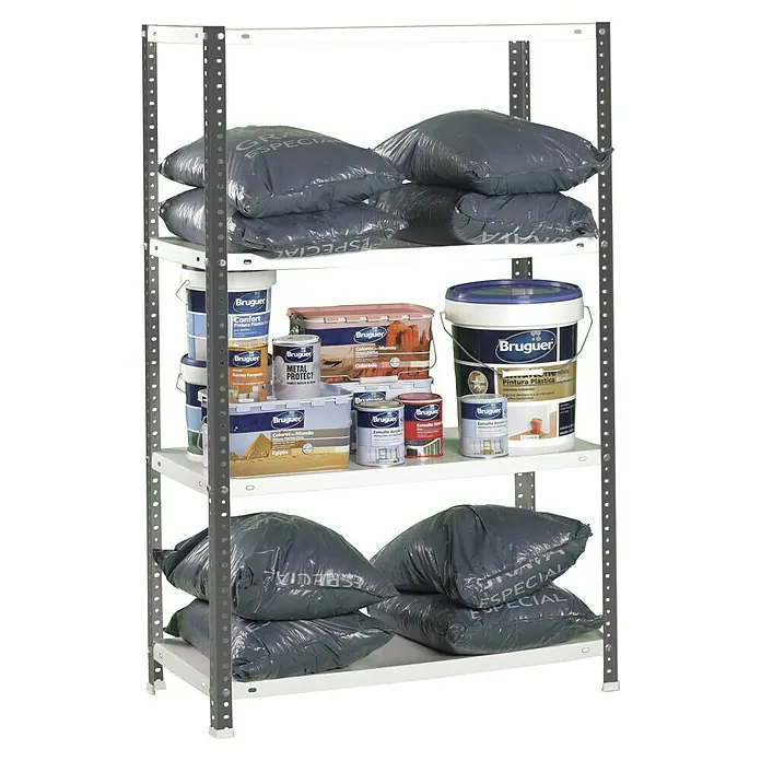 Simonrack Simonclassic Estantería metálica Comfort Mini - Al x An x Pr: 150 x 80 x 50 cm, Capacidad de carga por balda: 100 kg, Número de baldas: 4 ud., Atornillado, Antracita/Blanco - Estantería metálica gris con estantes blancos, con botes de pintura y sacos gris oscuro.