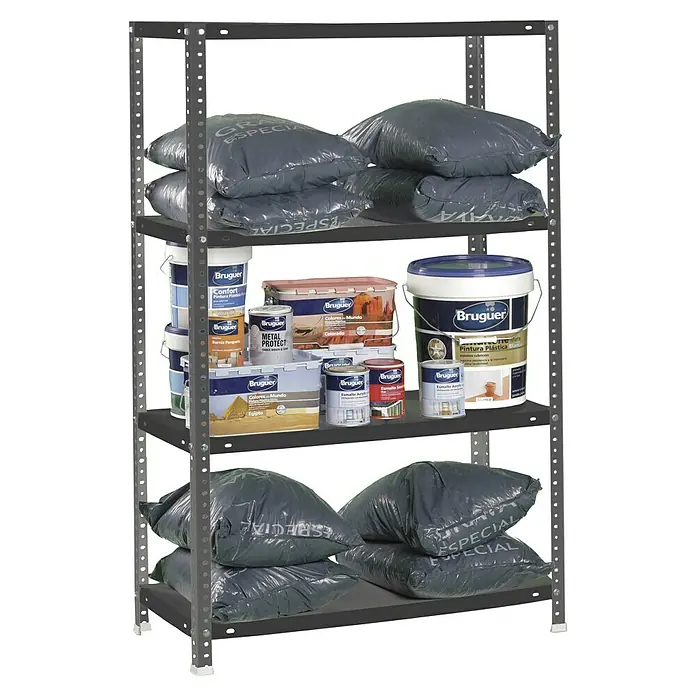 Simonrack Simonclassic Estantería metálica Comfort Plus - Al x An x Pr: 150 x 100 x 40 cm, Capacidad de carga por balda: 100 kg, Número de baldas: 4 ud., Atornillado, Antracita - Estantería metálica gris oscuro con cuatro baldas, almacenando sacos grises y diversos productos de pintura y barniz Bruguer.