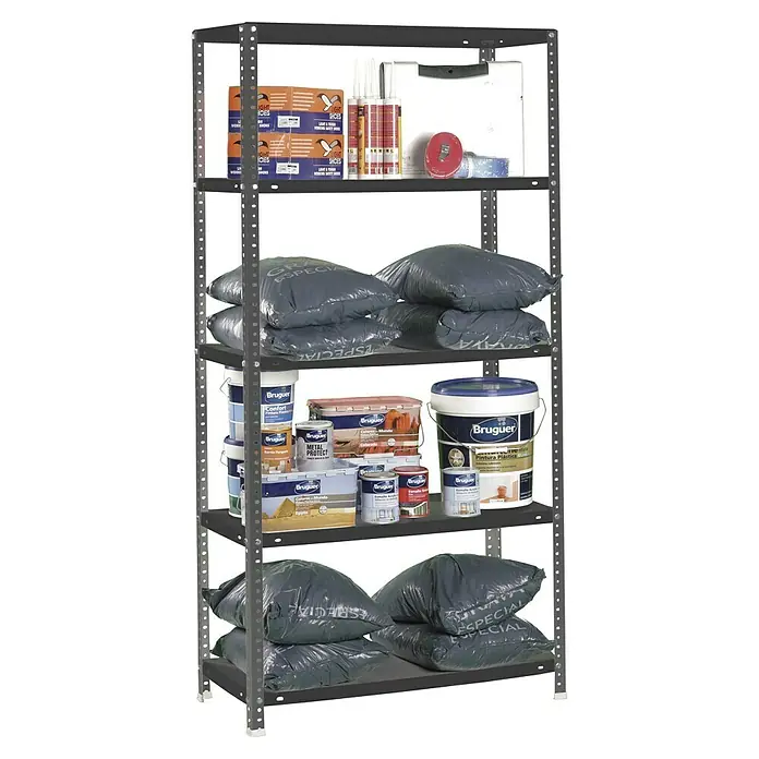 Simonrack Simonclassic Estantería metálica Comfort Mini - Al x An x Pr: 180 x 80 x 40 cm, Capacidad de carga por balda: 100 kg, Número de baldas: 5 ud., Atornillado, Antracita - Estantería metálica gris oscuro de cinco baldas, con cajas de zapatos de seguridad, selladores, sacos grises y pinturas variadas.