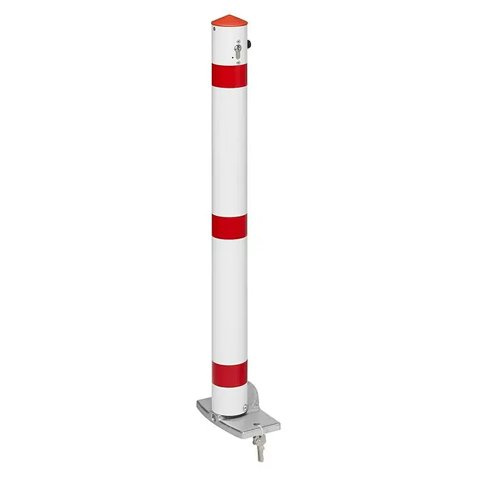Urbanus Sperrpfosten - Höhe über Boden: 900 mm, Durchmesser: 76 mm, Aluminium, Profilzylinderschloss, Montageart: Aufdübeln - Absperrpfosten mit roten Streifen und Schlüssel für den Außenbereich.