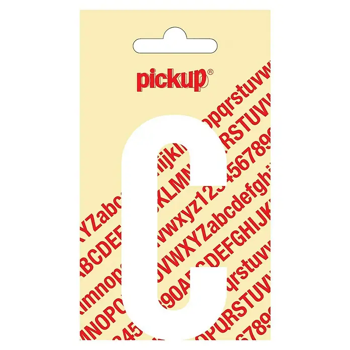 Pickup Aufkleber - Motiv: C, Weiß, Höhe: 90 mm - Ein Blatt Aufkleber mit dem Pickup-Logo und roten Buchstaben, die in einer "C"-Form angeordnet sind, die als Vorlage für die Aufkleber dient.