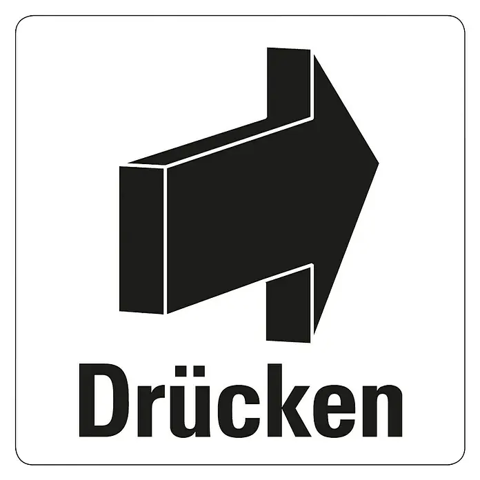Pickup AufkleberL x B: 75 x 75 mm, Drücken - Symbol "Drücken" mit einem schwarzen Pfeil auf weißem Grund, das zum Drücken auffordert.