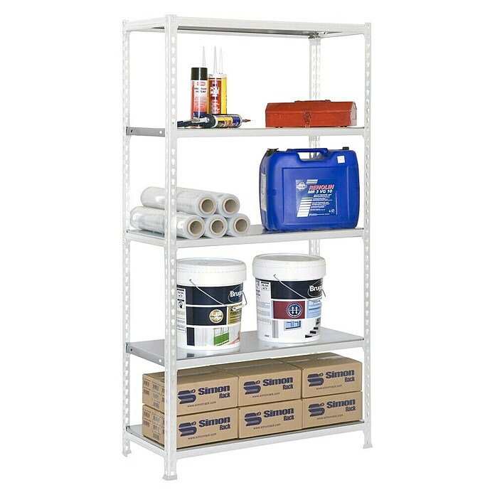 Simonrack Simonclick Estantería metálica (Al x An x Pr: 180 x 90 x 40 cm, Capacidad de carga por balda: 180 kg, Número de baldas: 5 ud., Inserción, Blanco/Galvanizado) | BAUHAUS