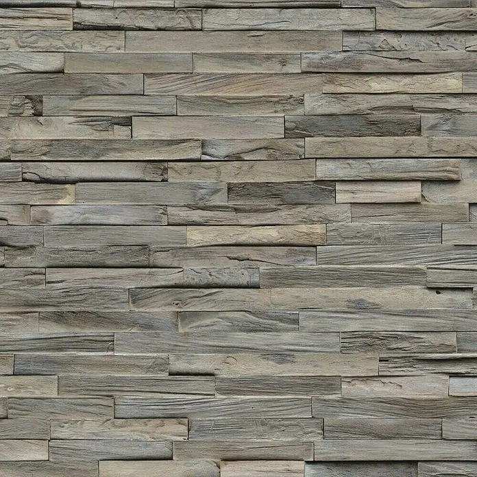 Indo Wandpaneel 3D Wall Elegance Gun Smoked - Teak, 500 x 200 x 10 mm, 1 m² - Holzverkleidung mit einer unregelmäßigen horizontalen Anordnung von grauen und beigen Holzstücken, die eine rustikale Textur erzeugen.