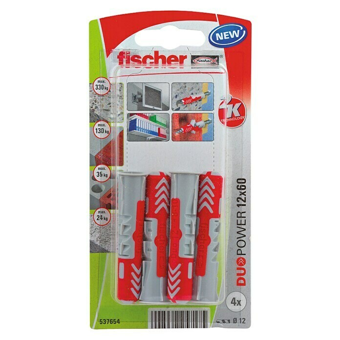 Fischer Duopower Set de tacos (Diámetro taco: 12 mm, Longitud taco: 60 mm, 4 uds., Nylon)