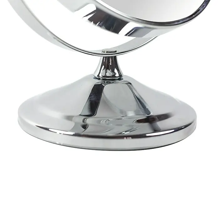 Deblanch Espejo cosmético - 15 x 15 cm, Redonda, Cromo, Aumento 1: 300 %, Aumento 2: 700 % - Primer plano de un espejo cosmético redondo pulido con base y soporte de espejo cromados.