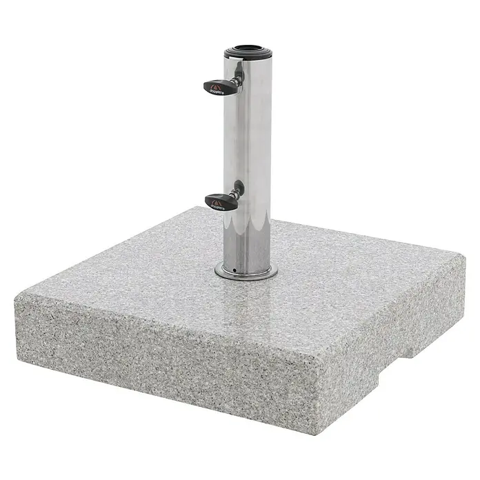 Doppler Granitschirmständer Life - 45 kg, L x B: 59 x 48,5 cm - Quadratischer Sonnenschirmständer aus grauem Granit mit zentralem Edelstahlrohr und zwei schwarzen Feststellknöpfen.
