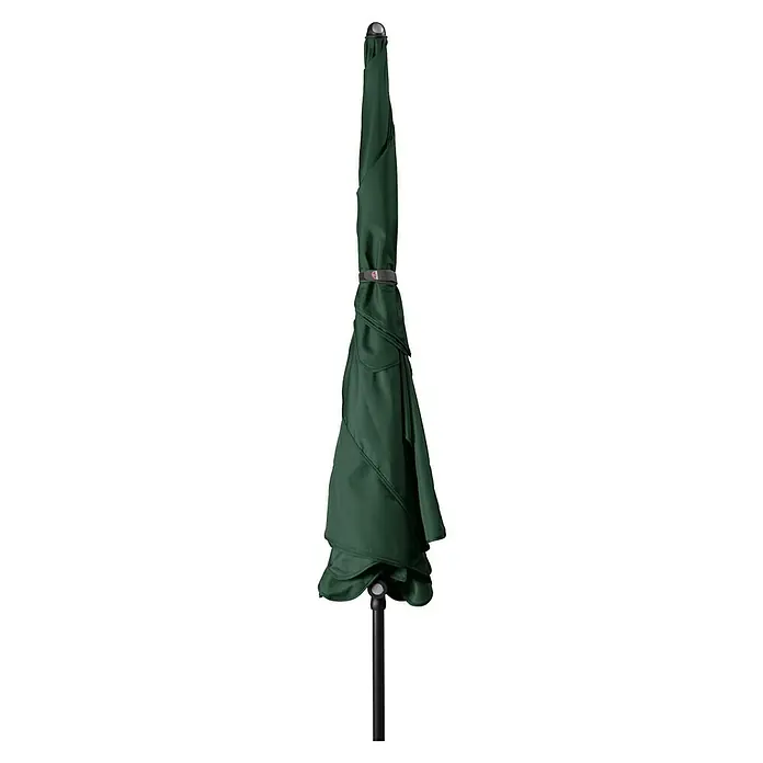Doppler Sunline Balkonschirm Waterproof Neo - Dunkelgrün, Bespannungsmaß (L x B): 120 x 225 cm - Dunkelgrüner Regenschirm, geschlossen und mit schwarzem Gurt gesichert, mit schwarzem Griff und grauer Kappe.