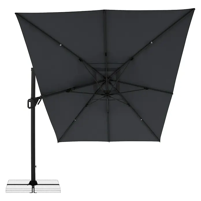 Doppler Ampelschirm Life - Anthrazit, Bespannungsmaß (L x B): 300 x 400 cm - Dunkelgrauer, quadratischer Ampelschirm von unten gesehen mit schwarzem Mast und Sockel.