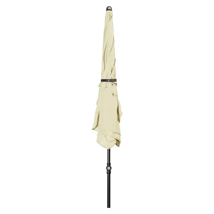 Doppler Sunline Balkonschirm Waterproof Neo - Natur, Bespannungsmaß (L x B): 120 x 185 cm - Geschlossener cremefarbener Sonnenschirm mit schwarzem Stock, mit schwarzem Band fixiert.