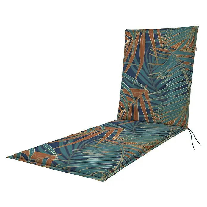 Doppler Liegenauflage Living - L x B x H: 195 x 60 x 6 cm, Kunststoff, Baumwolle, Türkis/Orange - Liegenauflage mit blauem, braunem, blaugrünem Tropenblattmuster und Bändern.