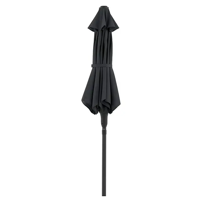 Doppler Balkonschirm rund Life Lift - Anthrazit, Durchmesser Bespannung: 180 cm - Geschlossener schwarzer Sonnenschirm mit gefaltetem Stoffdach und dunkler Stange.
