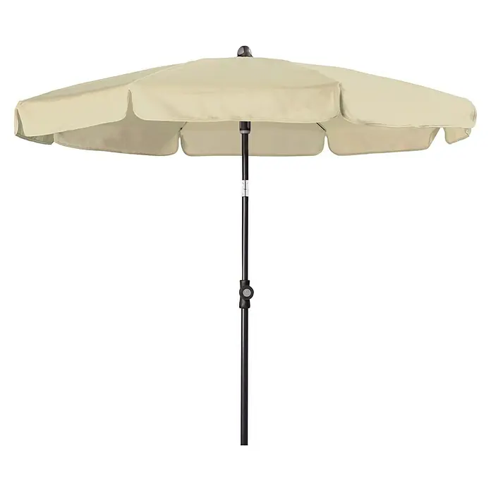 Doppler Sunline Balkonschirm rund Neo - Farbe Bespannung: Natur, Durchmesser Bespannung: 150 cm - Beiger Terrassenschirm mit dunklem Mast, geöffnet.