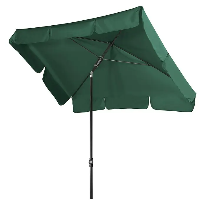 Doppler Sunline Balkonschirm Waterproof Neo - Dunkelgrün, Bespannungsmaß (L x B): 120 x 185 cm - Dunkelgrüner Sonnenschirm, geöffnet, mit schwarzem Metallgestell.