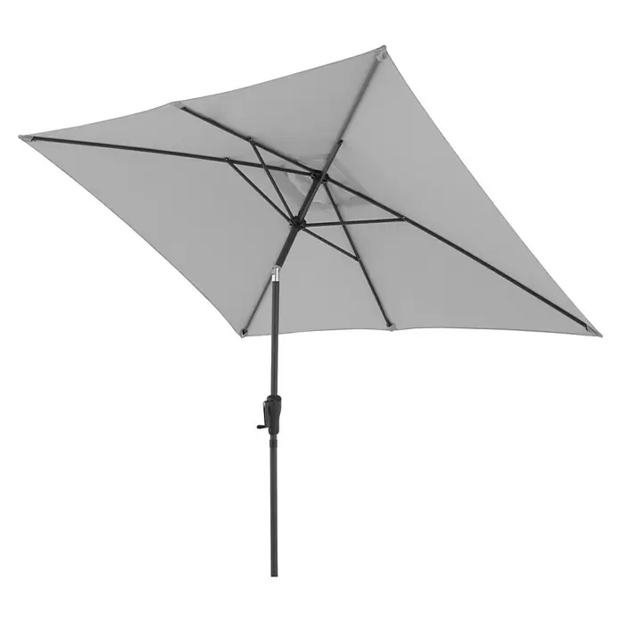 Doppler Balkonschirm Life Lift - Hellgrau, Bespannungsmaß (L x B): 200 x 250 cm - Grauer, rechteckiger Terrassenschirm von unten, mit Stange und Kurbelmechanismus.