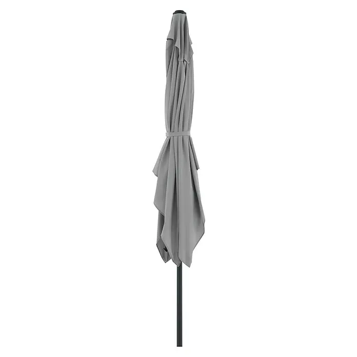 Doppler Balkonschirm Life Lift - Hellgrau, Bespannungsmaß (L x B): 200 x 250 cm - Geschlossener grauer Sonnenschirm mit dunklem Mast, mit Band gerafft.