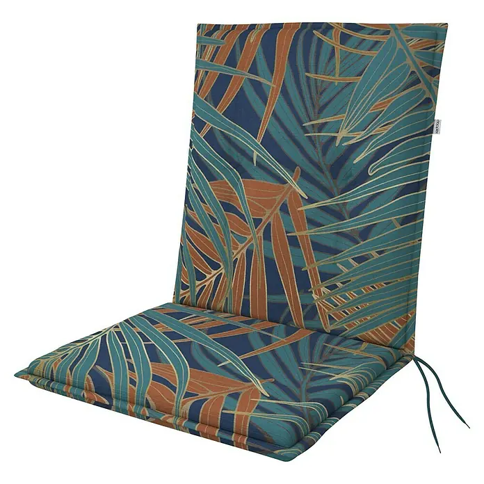 Doppler Sitzauflage Living - Niederlehner, L x B x H: 100 x 48 x 6 cm, Kunststoff, Baumwolle, Türkis/Braun - Gemustertes Gartenstuhlauflage mit blauen, braunen und goldenen Blattmotiven auf Dunkelblau, mit Bändern.