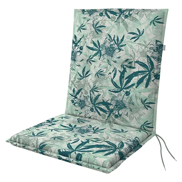 Doppler Sitzauflage Living - Niederlehner, L x B x H: 100 x 48 x 6 cm, Kunststoff, Baumwolle, Türkis/Grün - Blumiges Stuhlkissen mit Passionsblumen- und Blattmuster in Grün und Weiß, mit Bändern.