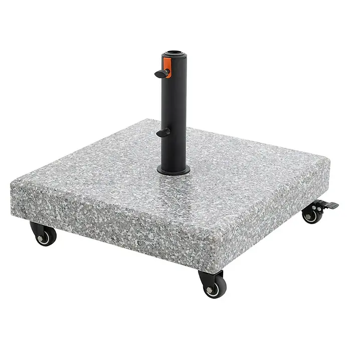 Doppler Granitschirmständer MyZone - 70,5 kg, Passend für: Doppler MyZone Sonnenschirme - Grauer gesprenkelter Granit-Schirmständer mit Rollen und schwarzem Stangenhalter mit orangefarbenem Hebel.
