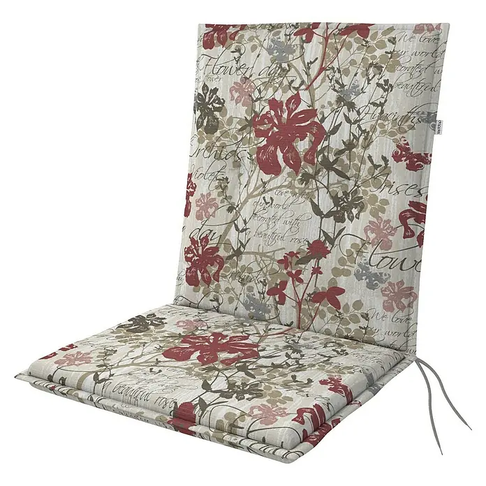 Doppler Sitzauflage Living - Niederlehner, L x B x H: 100 x 48 x 6 cm, Kunststoff, Baumwolle, Beige/Weinrot - Beige Stuhlkissen mit Blumenmuster in Rot und Oliv, Textdetails und Bindebändern.