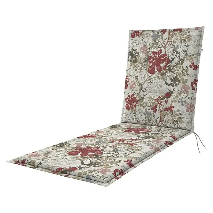 Doppler Liegenauflage Living - L x B x H: 195 x 60 x 6 cm, Kunststoff, Baumwolle, Beige/Weinrot - Chaiselongue-Auflage mit floralem und Schriftmuster in Rot, Grün und Grau auf cremefarbenem Hintergrund.