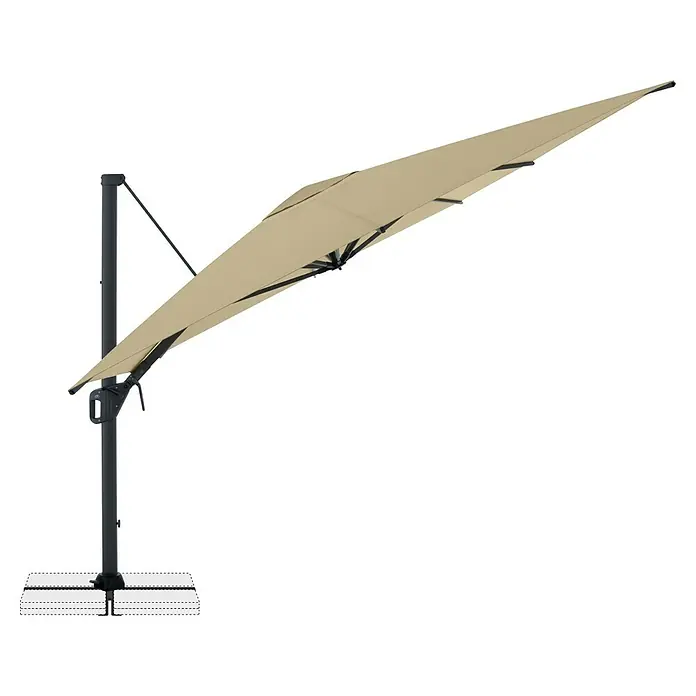 Doppler Ampelschirm Life - Sand, Bespannungsmaß (L x B): 300 x 400 cm - Beiger Freiarmschirm mit dunkelgrauem Mast und Fuß, für Sonnenschutz im Außenbereich geneigt.