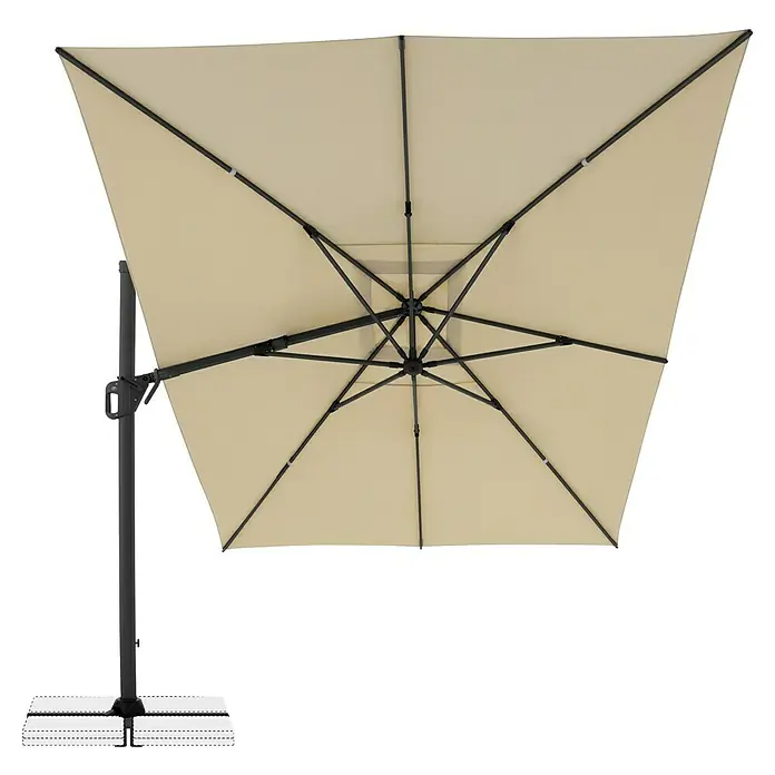 Doppler Ampelschirm Life - Sand, Bespannungsmaß (L x B): 300 x 400 cm - Beiger quadratischer Freiarmschirm, von unten gesehen, mit dunklem Gestell und weißem Standfuß.